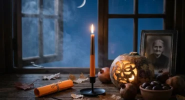 Altar de Samhain con vela encendida