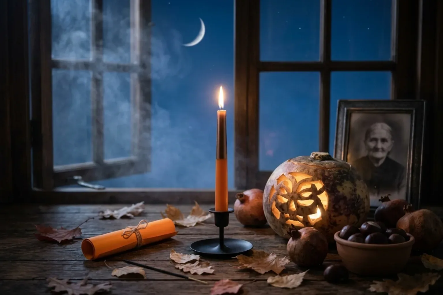 Altar de Samhain con vela encendida